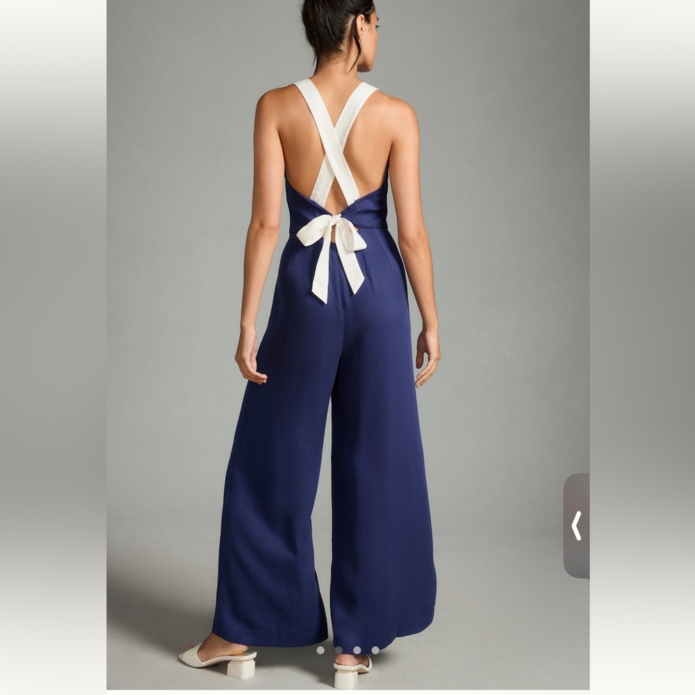 Anthropologie Blue and White Criss-Cross Jumpsuit